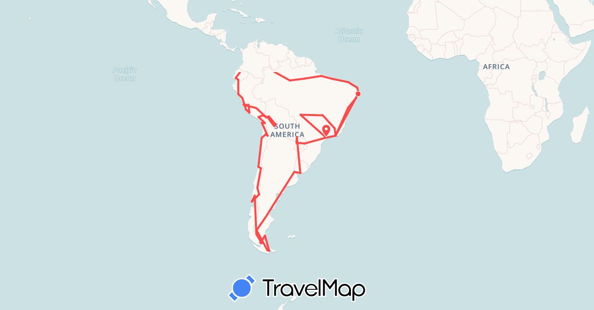 TravelMap itinerary: driving, hiking in Argentina, Bolivia, Brazil, Chile, Colombia, Ecuador, Peru, Paraguay, Uruguay (South America)